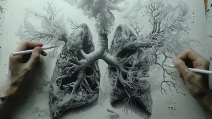 Fotobehang Craft a thought-provoking scene using traditional pen and ink medium to showcase the damaging impact of smoking on the lungs, juxtaposing the fragility of the organ with the destructive nature of canc © Nawarit