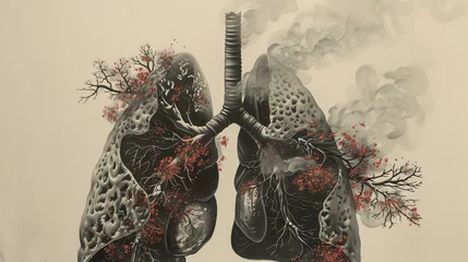 Fotobehang Craft a thought-provoking scene using traditional pen and ink medium to showcase the damaging impact of smoking on the lungs, juxtaposing the fragility of the organ with the destructive nature of canc © Nawarit