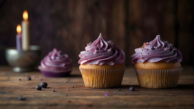 Delicious pink and purple cupcakes arranged on a wooden table