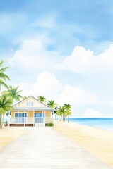 bungalow, beachfront bungalow, cartoon drawing, water color style,
