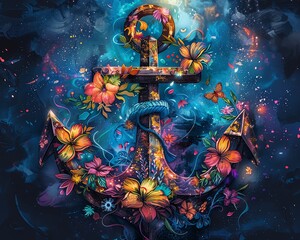 Fashionable futurethemed anchor with colorful flowers and magical elements, perfect for a bold statement