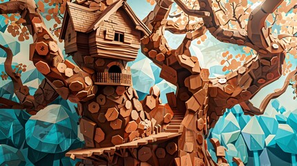 Fantastical Treehouse Nestled within Giant Chocolate Ginkgo Trees - obrazy, fototapety, plakaty