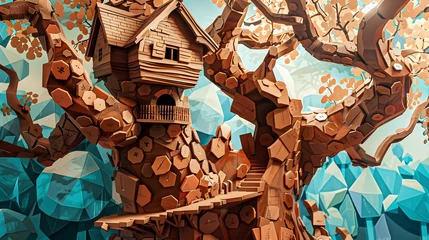Fotobehang Fantastical Treehouse Nestled within Giant Chocolate Ginkgo Trees © Panupong Ws