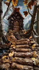 Fotobehang Enchanted Chocolate Cabin in a Forest of Autumnal Candy Leaves © Panupong Ws