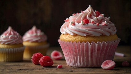 Delicious pink cupcakes arranged on a wooden table