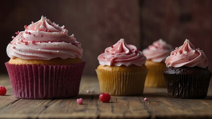 Delicious pink cupcakes arranged on a wooden table - obrazy, fototapety, plakaty