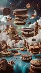 Surreal Dream Sequence Featuring Floating Cookie Islands in a Creamy Sky - obrazy, fototapety, plakaty