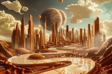 Futuristic City with Skyscrapers and Roadways Crafted from Chocolate and Cookies - obrazy, fototapety, plakaty