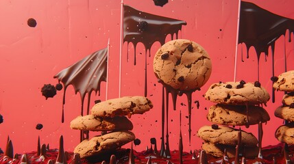 Chocolate Chip Cookie Rally with Flags Draped in Molten Chocolate - obrazy, fototapety, plakaty