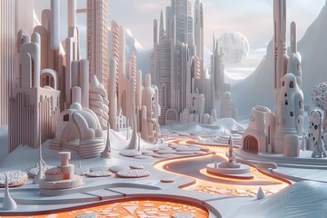 Snowy Confectionery Metropolis with Flowing Marshmallow Rivers - obrazy, fototapety, plakaty