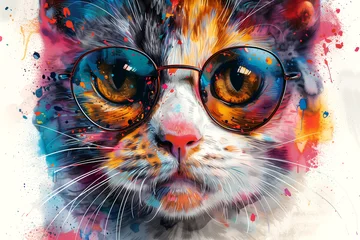 Fotobehang A colorful cat with sunglasses on its face © Bonya Sharp Claw