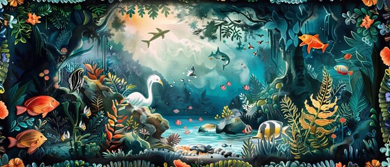 The image is a beautiful painting of a lush underwater scene
