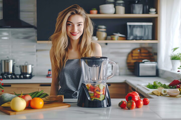 Cute girl making smoothie from fruits and vegetables on blender