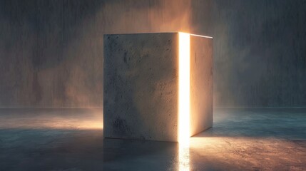 A textured, white cube with a single, vertical slit glowing with an otherworldly light.  