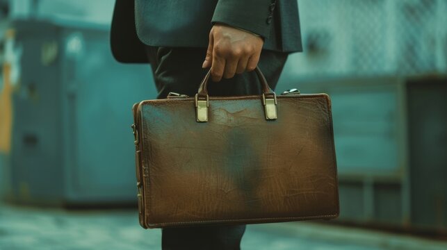 A close-up of a businessman hand holding a briefcase and offering a cash bribe