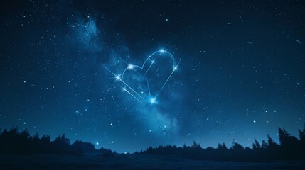Two shooting stars colliding in a burst of light, forming a heart-shaped constellation against a starry night sky. 