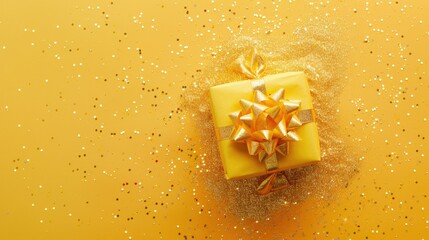 A festive gift box topped with a beautiful bow sits against a cheerful yellow backdrop dusted with glitter capturing the essence of Christmas New Year Valentine s Day and birthdays This tre