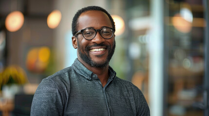 Fototapeta premium Smart and successful black man wearing casual clothes and glasses smiling warmly in blurred modern office space