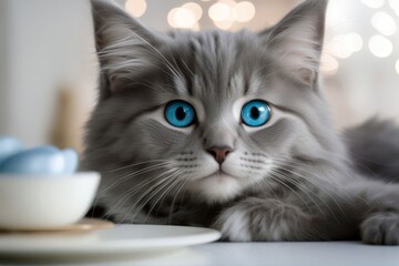 'fluffy kitten lovely licking cat free lying large lips eyes gray table text longhair big funny white beautiful blue space adorable advertising animal baby background billboard blank board closeup'