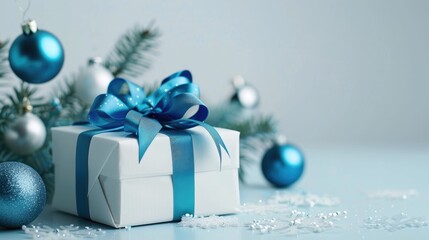 Blue Christmas background with a white gift box tied with a blue ribbon festive New Year decorations in a holiday arrangement on a white backdrop for a greeting card Holiday theme with room