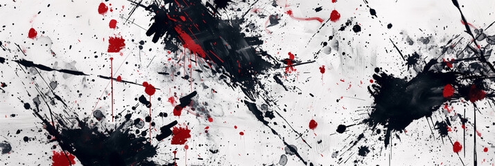Black and red paint splatters across a white canvas, creating a chaotic yet artistic effect. - obrazy, fototapety, plakaty