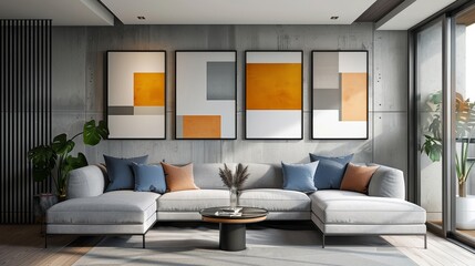 Modern living room interior with grey sofa, orange and blue paintings, and coffee table with vase of decorative plants.