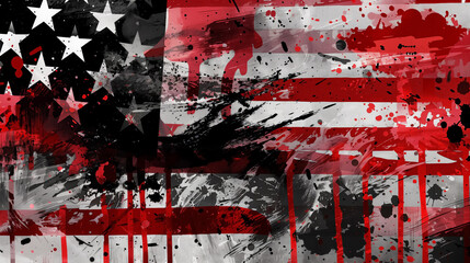 Stylized rendition of the American flag in a grunge art style with smudges and splashes of black and red on a white background. - obrazy, fototapety, plakaty