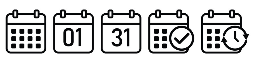 Calendar icon set. calendar planner icons for app, website, ui. reminder organizer event signs. business plan schedule. vector symbol on transparent background.