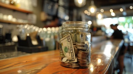 A close-up of a tip jar filled with bills and coins at a coffee shop counter