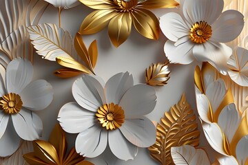 abstract background with white paper flowers and golden leaves, floral botanical wallpaper Generator AI
