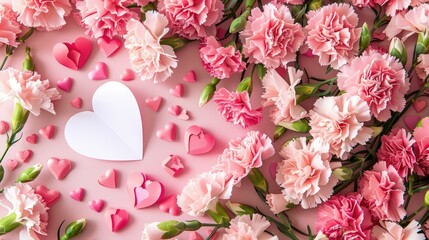 Celebrate Mother s Day with a delightful gift idea a stunning top down arrangement of vibrant carnation blooms charming pink paper hearts all atop a soft pastel pink backdrop featuring an i