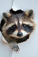 Obraz premium cute raccoon sticking its head out of the hole in white paper, cute, adorable, cutout sticker style, isolated on plain white background