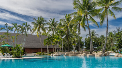 Picturesque boulders and coconut palms grow on the shore of the aquamarine swimming pool. Sun...