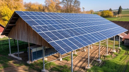 Expansive Solar Energy Farm Amidst Green Fields, Powering Agriculture with Clean Energy