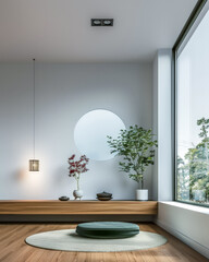 Modern zen interiors with natural elegance. Zen interior design composition with soft lighting and serene minimal furniture.
