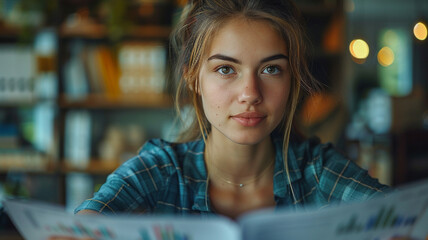 woman reading book in library