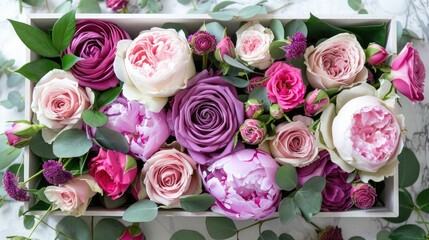 A stunning arrangement of peony pink and purple roses nestled in a box sits elegantly on a white table captured in a top down view with a soft focus background highlighting the lush greens 