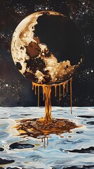 Surreal painting of a cookie-textured moon melting over a lunar landscape against a starry night sky - obrazy, fototapety, plakaty