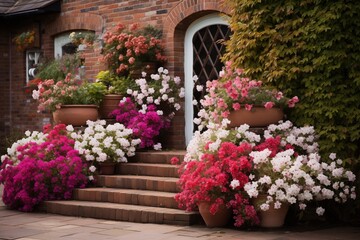 Fototapeta na wymiar Watercolor English style brick wall garden with flowers