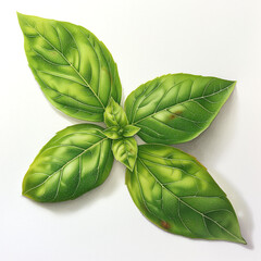 a picture of a Basil leaf and holy basil and lemon basil sits narrow, in the white background ,hand writing with color pencil style