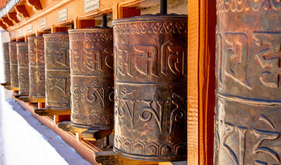 Bronze prayer wheels at the  Alchi Choskhor Monastery in northern India