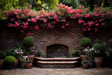 Watercolor English style brick wall garden with flowers - obrazy, fototapety, plakaty
