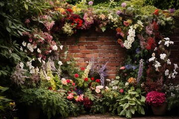 Watercolor English style brick wall garden with flowers - obrazy, fototapety, plakaty
