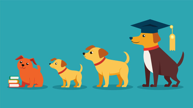 A series of photos showing a dogs transformation from a rowdy and disobedient pup to a wellmannered and trained graduate much to the joy and