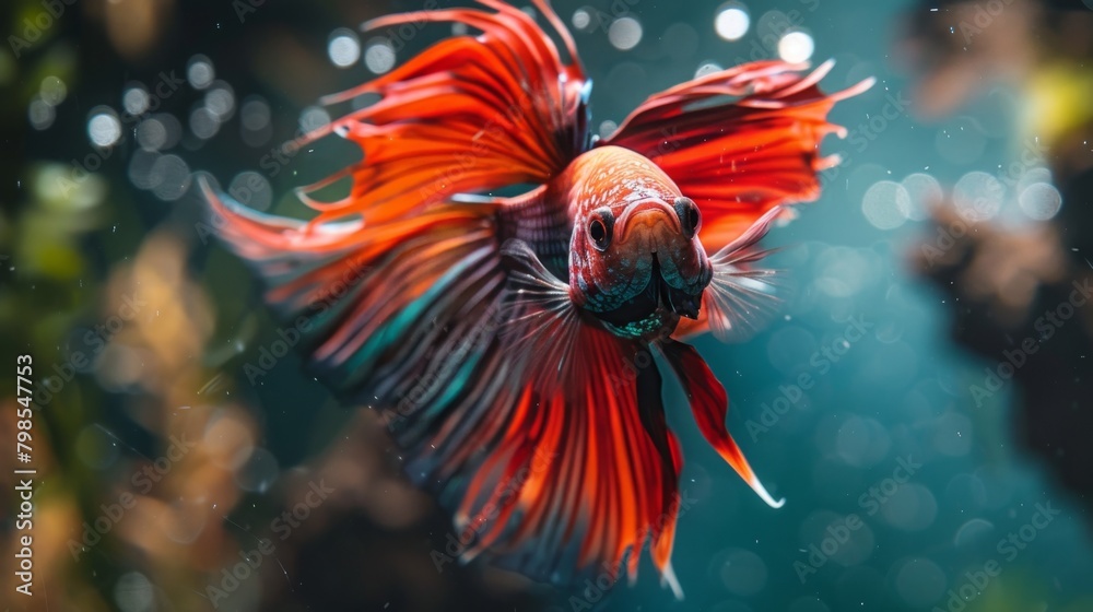 Poster A Betta fish flaring its fins in a display of aggression, its fierce expression adding drama and intensity to its aquatic environment.