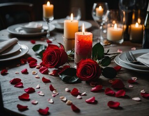 A romantic dinner setup with candlelight and rose petals scattered on a table.
