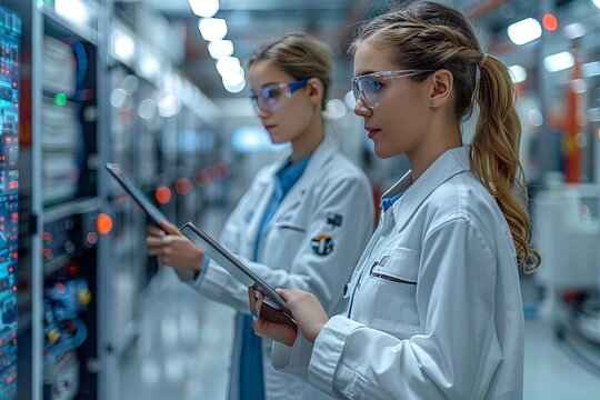 Two female engineers in a server room, wearing lab coats and safety glasses, holding tablets.
