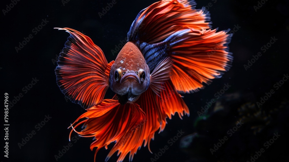 Poster A Betta fish flaring its fins in a display of aggression, its fierce expression adding drama and intensity to its aquatic environment.