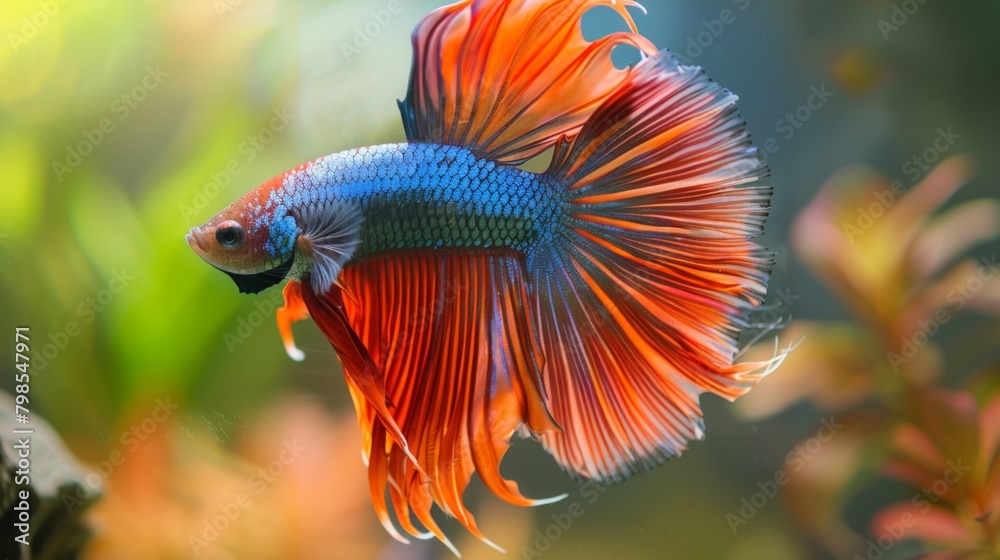 Poster a betta fish flaring its fins in a display of dominance, showcasing the majestic presence and regal 