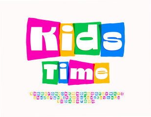 kids_timeVector playful emblem Kids Time with Artistic Font. Funny style bright Alphabet Letters and Numbers set.
